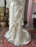 Vintage zipper sling beaded wave organza high slit small train satin wedding dress HZ1022