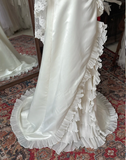 Vintage zipper sling beaded wave organza high slit small train satin wedding dress HZ1022