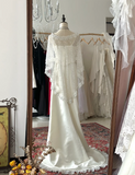 Vintage zipper sling beaded wave organza high slit small train satin wedding dress HZ1022