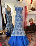 Vintage Sapphire Blue Bandeau Mermaid Wedding Dress with Lace on the Outside and Tulle on the Inside HZ1022