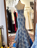 Vintage Sapphire Blue Bandeau Mermaid Wedding Dress with Lace on the Outside and Tulle on the Inside HZ1022