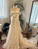 Elegant white off-shoulder bow chiffon lace wedding dress with train HZ1022