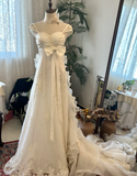 Elegant white off-shoulder bow chiffon lace wedding dress with train HZ1022