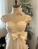 Elegant white off-shoulder bow chiffon lace wedding dress with train HZ1022