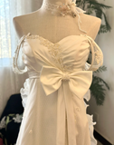 Elegant white off-shoulder bow chiffon lace wedding dress with train HZ1022