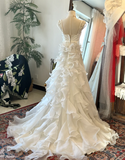 Elegant white off-shoulder bow chiffon lace wedding dress with train HZ1022