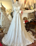 Elegant white off-shoulder bow chiffon lace wedding dress with train HZ1022