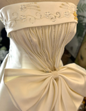 White Satin A-Line Floor-Length Buttoned Wedding Dress with Large Button Buttons HZ1022