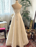 White Satin A-Line Floor-Length Buttoned Wedding Dress with Large Button Buttons HZ1022