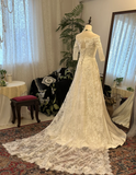 Retro Elegant One Shoulder Mid-Length Sleeve Lace Satin Wedding Dress with Train HZ1022