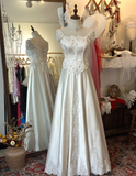 French Retro Shoulder Lace Satin Floor-Length Wedding Dress with Tie Back HZ1022