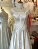 French Retro Shoulder Lace Satin Floor-Length Wedding Dress with Tie Back HZ1022