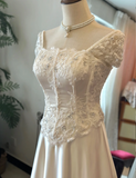 French Retro Shoulder Lace Satin Floor-Length Wedding Dress with Tie Back HZ1022