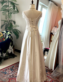 French Retro Shoulder Lace Satin Floor-Length Wedding Dress with Tie Back HZ1022