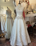 Vintage Halter Neck Silver Thread Beaded Satin Train Wedding Dress HZ1022