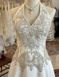 Vintage Halter Neck Silver Thread Beaded Satin Train Wedding Dress HZ1022