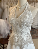 Vintage Halter Neck Silver Thread Beaded Satin Train Wedding Dress HZ1022