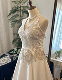 Vintage Halter Neck Silver Thread Beaded Satin Train Wedding Dress HZ1022
