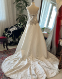 Vintage Halter Neck Silver Thread Beaded Satin Train Wedding Dress HZ1022