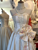 French style elegant sweetheart neckline pink waist bow tie floor-length satin wedding dress HZ1022