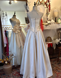 French style elegant sweetheart neckline pink waist bow tie floor-length satin wedding dress HZ1022