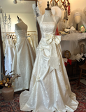 White Elegant Halter Neck Dark Pattern 3D Flower Satin Wedding Dress HZ1022