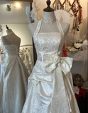 White Elegant Halter Neck Dark Pattern 3D Flower Satin Wedding Dress HZ1022