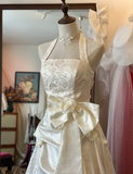 White Elegant Halter Neck Dark Pattern 3D Flower Satin Wedding Dress HZ1022