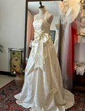 White Elegant Halter Neck Dark Pattern 3D Flower Satin Wedding Dress HZ1022