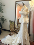 Design vase neck waist satin pleated beaded lace fishtail floor-length wedding dress HZ1022