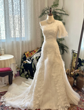 One-shoulder lace multi-layer tulle stitching strappy train wedding dress HZ1022