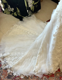 One-shoulder lace multi-layer tulle stitching strappy train wedding dress HZ1022