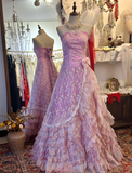 Vintage Purple Strapless Floral Ruffles Floor-Length Wedding Dress HZ1022