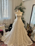 A-line sweetheart neckline lace and tulle wedding dress with train HZ1022
