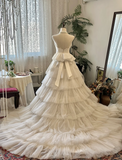 A-line sweetheart neckline lace and tulle wedding dress with train HZ1022