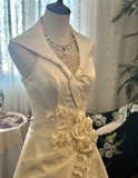 Vintage V-neck White Backless 3D Flower Beaded Embroidery Satin Floor-length Wedding Dress HZ1022
