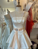 Elegant White Strapless Satin Beaded Princess Cake Floor-Length Wedding Dress HZ1022