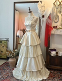 Elegant White Strapless Satin Beaded Princess Cake Floor-Length Wedding Dress HZ1022