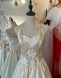 Special pink halter neck vintage satin and lace floor-length wedding dress HZ1022