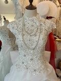 Retro Elegant Heavy Beaded Lace Tulle Splicing Shoulder-Wrap Trailing Wedding Dress HZ1022
