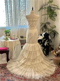 Retro Elegant Strapless Layered Tulle Mermaid Train Wedding Dress HZ1022