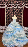 Princess sweet light blue cake skirt print layered trailing wedding dress HZ1022