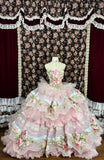 Vintage Pink Strapless Printed Layered Tulle Lace Trim Puffy Wedding Dress HZ1022