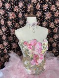 Vintage Pink Strapless Printed Layered Tulle Lace Trim Puffy Wedding Dress HZ1022