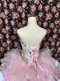 Vintage Pink Strapless Printed Layered Tulle Lace Trim Puffy Wedding Dress HZ1022