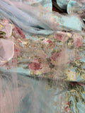 Vintage Pink Strapless Printed Layered Tulle Lace Trim Puffy Wedding Dress HZ1022