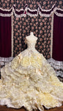 Retro light yellow tube top bow beaded lace princess trailing wedding dress HZ1022