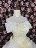 Gentle light yellow one-shoulder floral pleated tulle fluffy floor-length wedding dress HZ1022