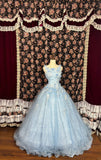 Dreamy water blue shoulder strap lace patchwork flower retro floor-length wedding dress HZ1022