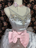Dusty Pink Princess Bow 3D Flower Satin Wedding Dress HZ1022
